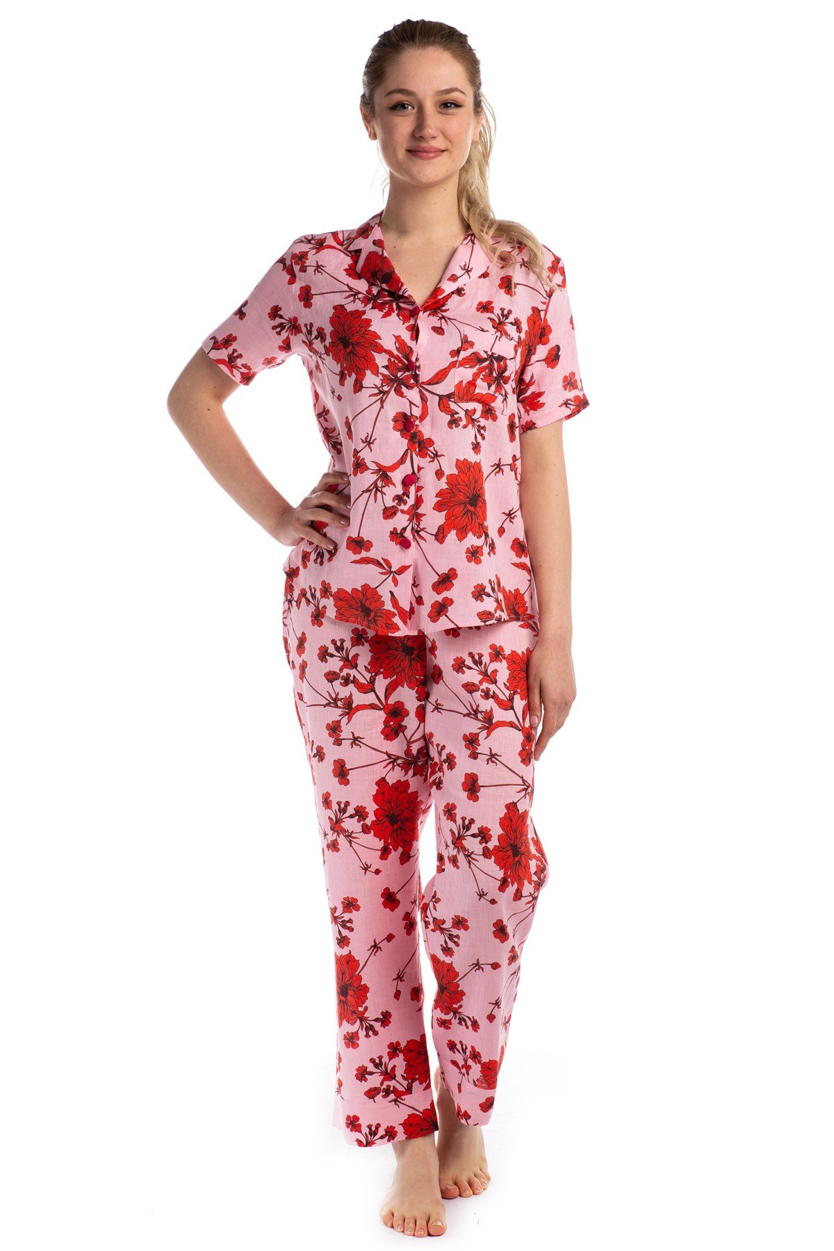 Kadın Keten Somon Düğmeli Pijama Takımı