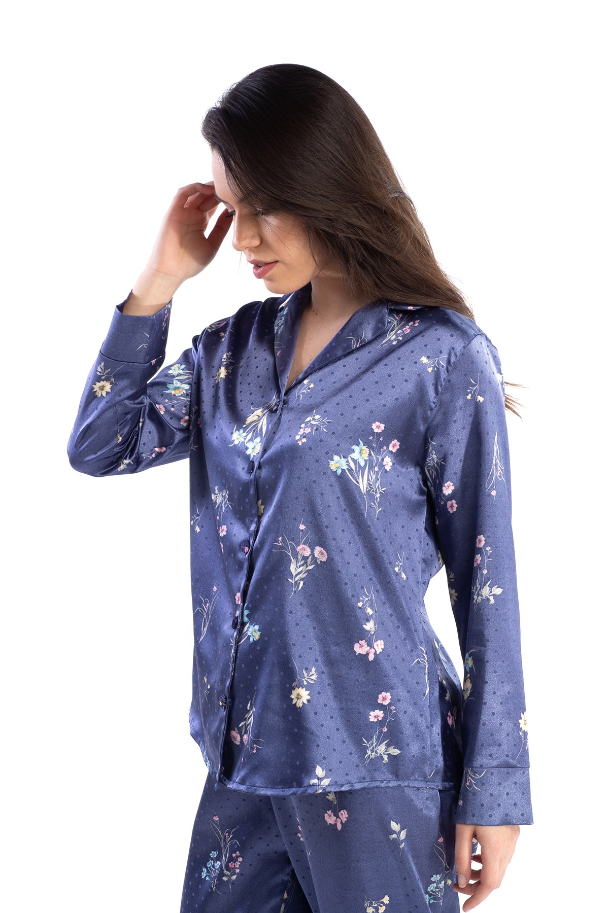 Pamuk&Pamuk Kadın Mavi Saten Çiçekli Bayan Önden Düğmeli Pijama Takımı