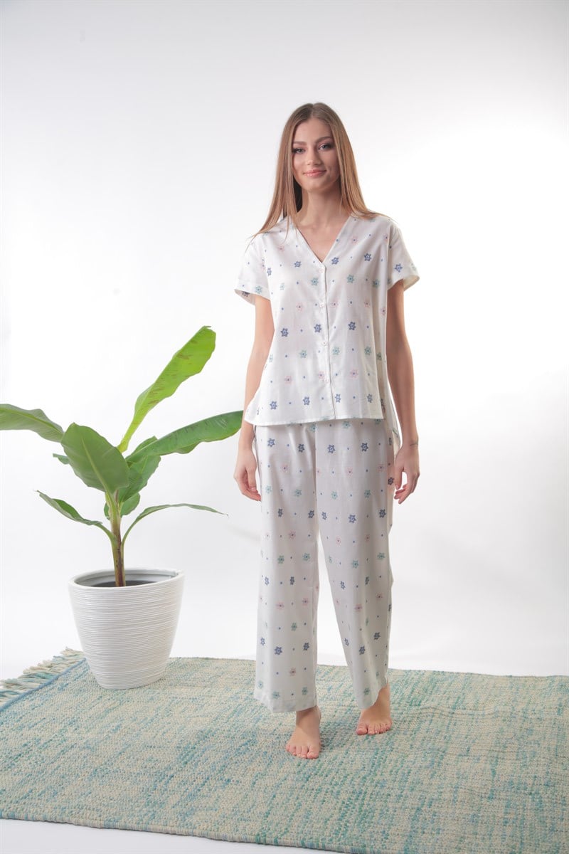 Mavi Naskışlı Düğmeli Pamuklu Pijama Takımı