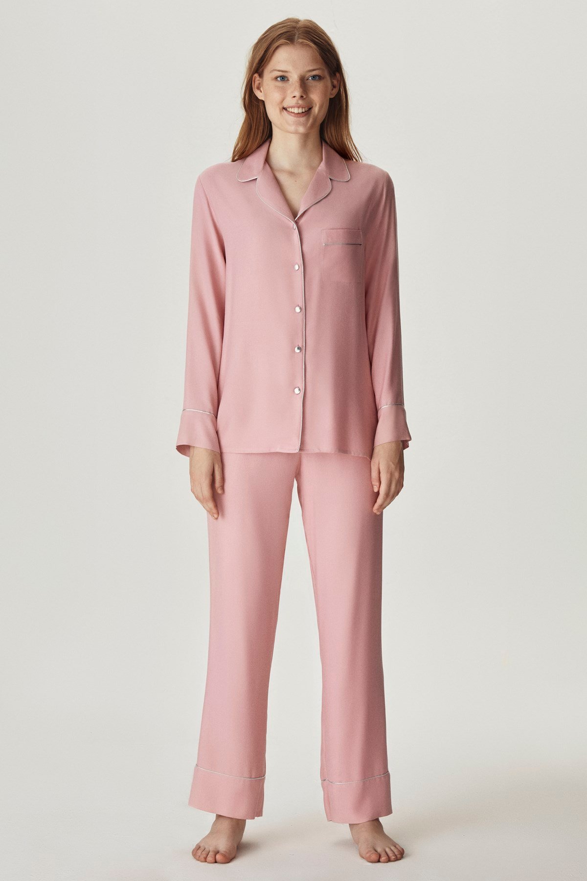Pembe Viskon Varak Biyeli Pijama Takımı