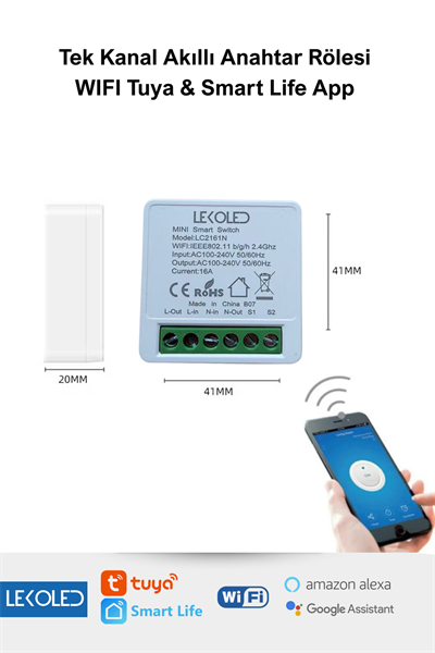  Tek Kanal Akıllı Wifi Anahtar Rölesi Tuya & Smart Life App Uyumlu