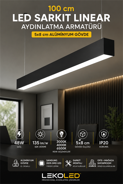 100 cm LED Sarkıt Linear Aydınlatma Armatürü 5x8 cm Alüminyum Gövde