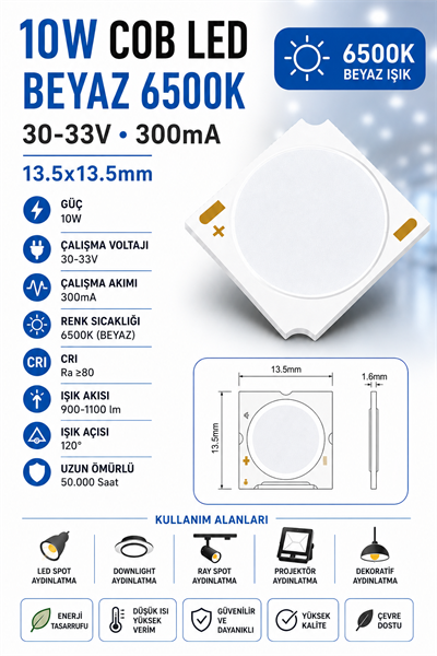 10W COB LED BEYAZ 6500K 30-33V 300mA 13.5*13.5mm