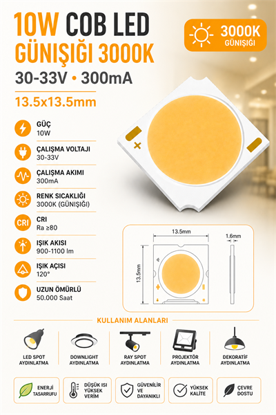 10W COB LED GÜNIŞIĞI 3000K 30-33V 300mA 13.5*13.5mm