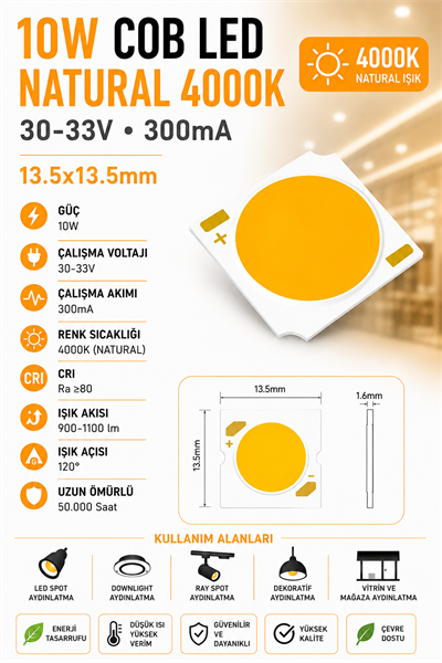 10W COB LED NATURAL 4000K 30-33V 300mA 13.5*13.5mm