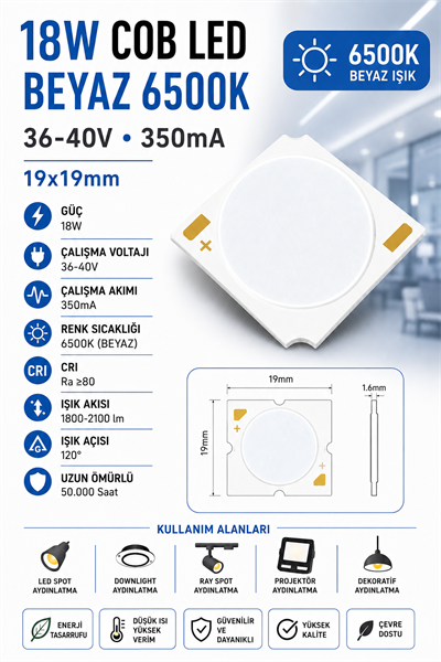 18W COB LED BEYAZ 6500K 19x19mm 36-40V 350mA