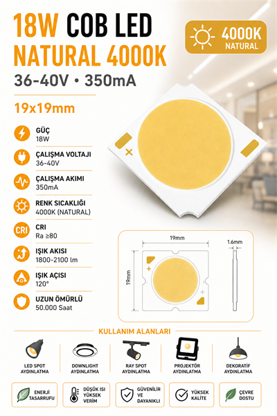 18W COB LED NATURAL 4000K 19x19mm 36-40V 350mA