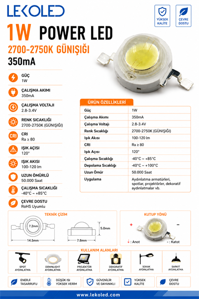1W POWER LED 2700-2750K GÜNIŞIĞI 350mA