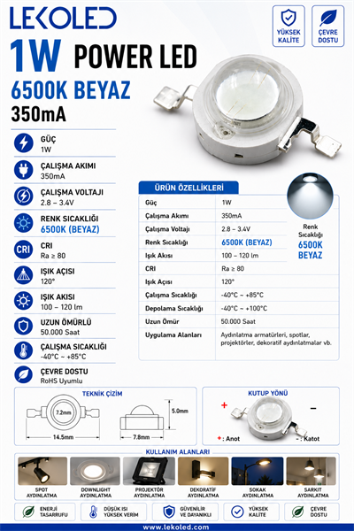 1W POWER LED 6500K BEYAZ 350mA