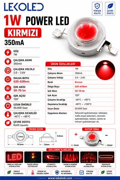 1W POWER LED KIRMIZI 350mA