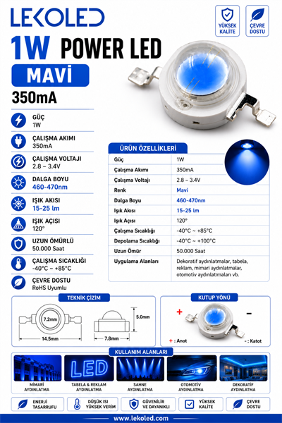 1W POWER LED MAVİ 350mA