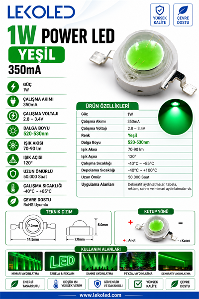 1W POWER LED YEŞİL 350mA