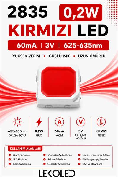 2835 0,2W KIRMIZI 60mA 3V SMD LED 