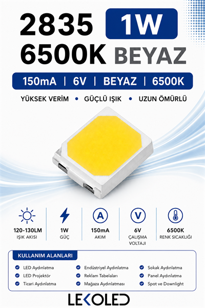 2835 1W 150mA 6V BEYAZ 6500K SMD LED 