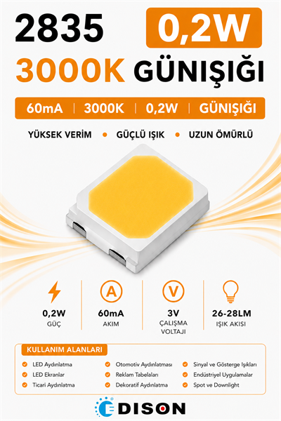 2835 60mA 3000K GÜNIŞIĞI 0.2W SMD LED
