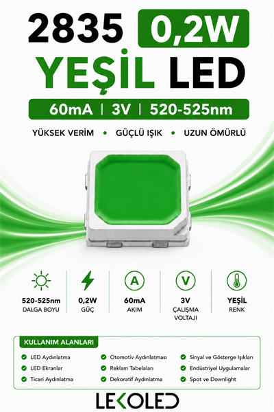 2835 Green LED Chip 3V 60mA 0,2W | Yeşil SMD LED 