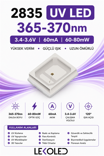 2835 UV LED 365-370nm 3.4-3.6V 60mA 60-80mW