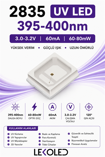 2835 UV LED 395-400nm 3.0-3.2V 60mA 60-80mW