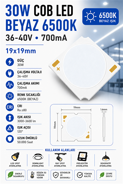 30W COB LED BEYAZ 6500K 19x19mm 36-40V 700mA 