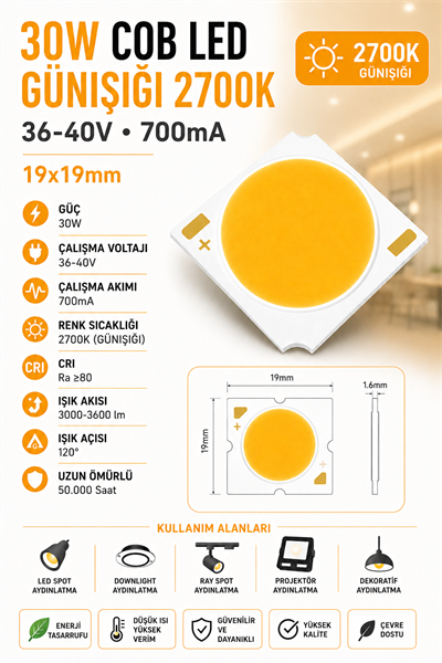 30W COB LED GÜNIŞIĞI 2700K 19x19mm 36-40V 700mA 