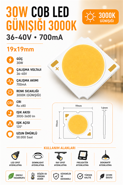 30W COB LED GÜNIŞIĞI 3000K 19x19mm 36-40V 700mA 