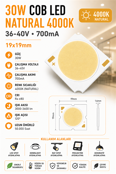30W COB LED NATURAL 4000K 19x19mm 36-40V 700mA 