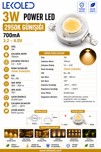 3W POWER LED 2950K GÜNIŞIĞI 700mA