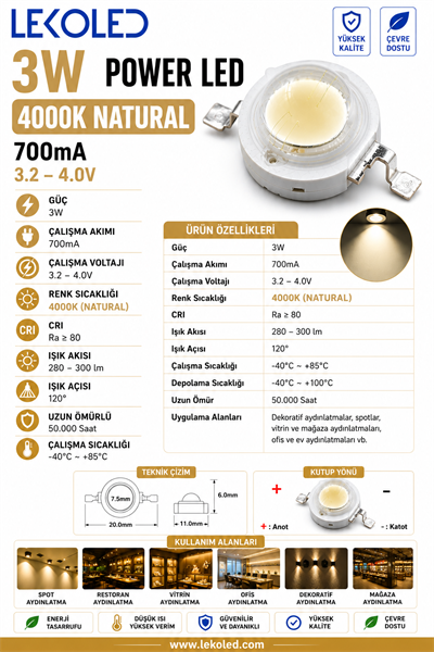 3W POWER LED 4000K NATURAL 700mA