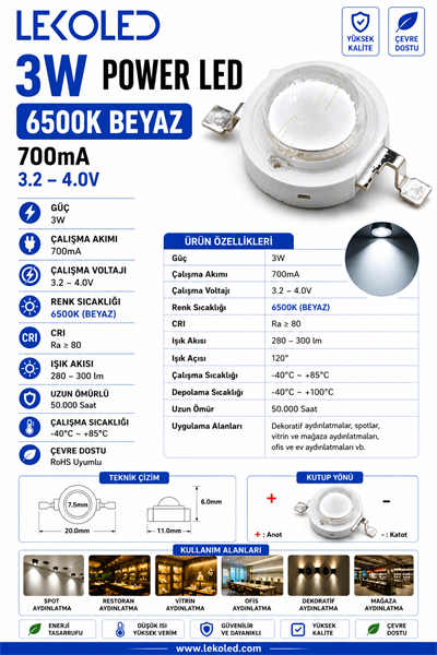 3W POWER LED 6500K BEYAZ 700mA