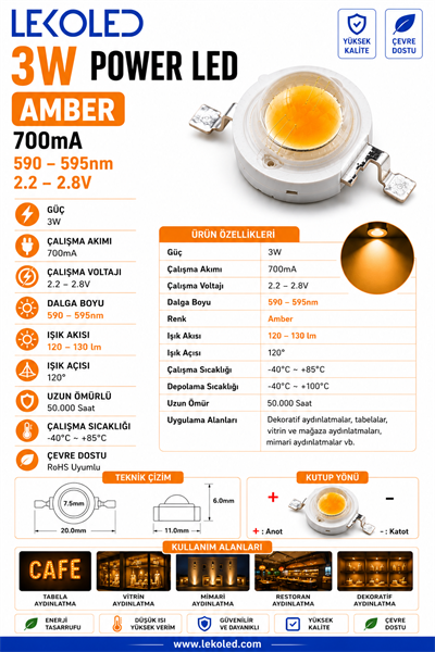 3W POWER LED AMBER 700mA