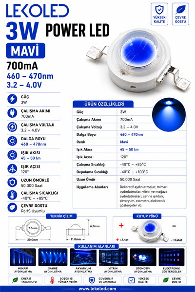3W POWER LED MAVİ 700mA