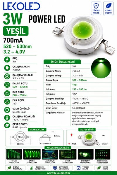 3W POWER LED YEŞİL 700mA