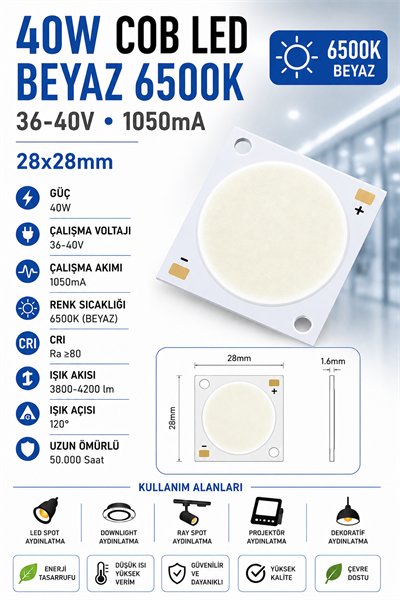 40W 28x28mm BEYAZ 6500K 36-40V 1050mA COB LED 