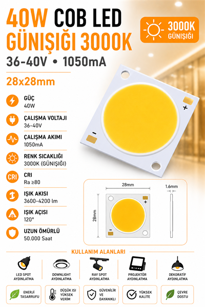 40W 28x28mm GÜNIŞIĞI 3000K 36-40V 1050mA COB LED 