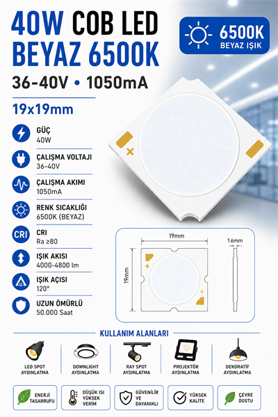 40W COB LED BEYAZ 6500K 19x19mm 36-40V 1050mA 