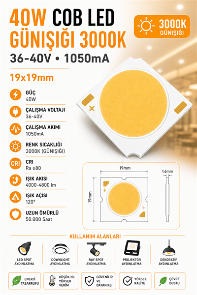 40W COB LED GÜNIŞIĞI 3000K 19x19mm 36-40V 1050mA 