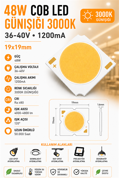 48W COB LED Günışığı 3000K 19x19mm 36-40V 1200mA
