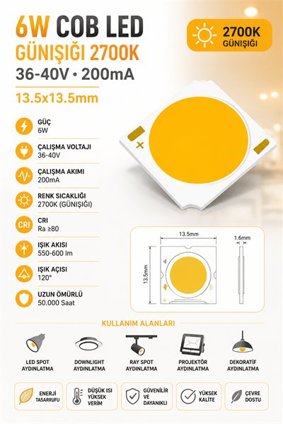 6W COB LED GÜNIŞIĞI 2700K 36-40V 200MA 13.5*13.5mm 