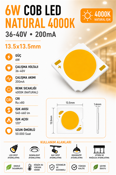 6W COB LED NATURAL 4000K 36-40V 200MA 13.5*13.5mm 