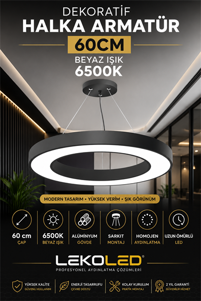 DEKORATİF HALKA ARMATÜR 60CM BEYAZ IŞIK 6500K