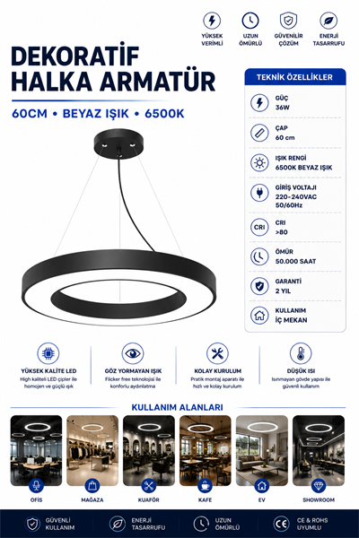 DEKORATİF HALKA ARMATÜR 60CM BEYAZ IŞIK 6500K