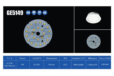 9W 60mm 6500K 24LED Yuvarlak Downlight LED PCB | 12-13V 350-700mA | Downlight Sabit Akım Yuvarlak LED Modül
