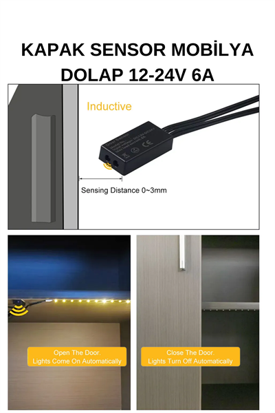 TEK KAPAK SENSOR MOBİLYA DOLAP YÜZEY MONTAJ 12-24V 6A