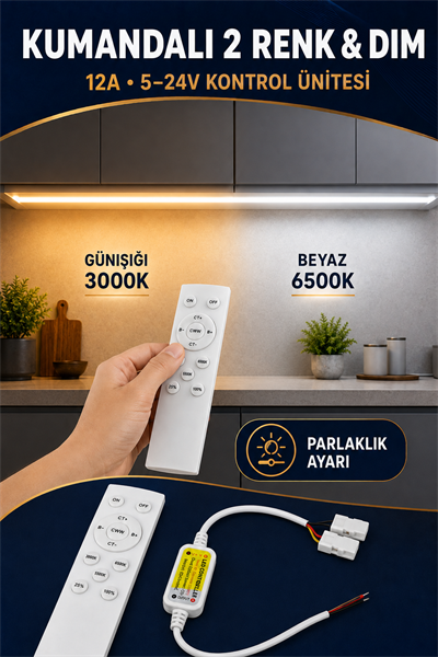 KUMANDALI 2 RENK VE DIM 12A 5-24V KONTROL ÜNİTESİ