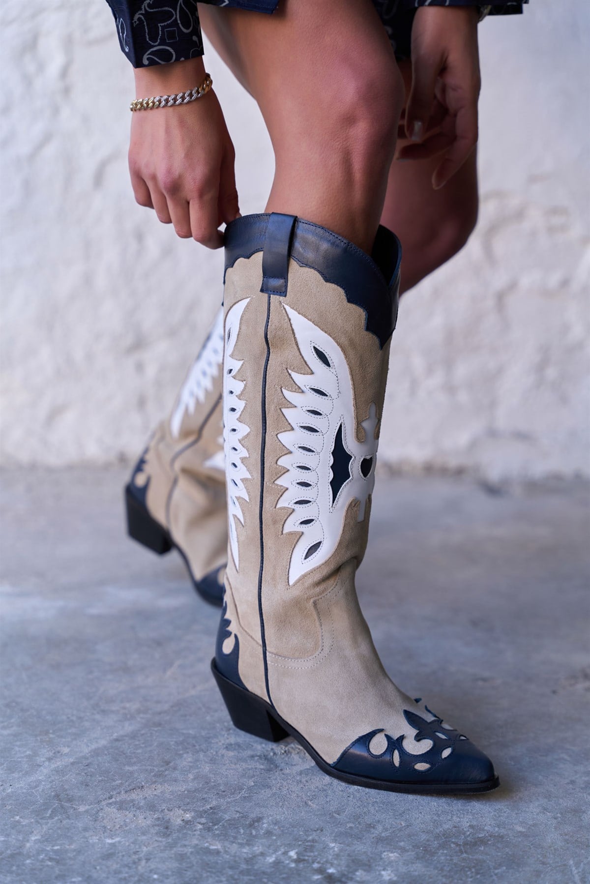 GRİMES BEJ LACİVERT SÜET KOVBOY ÇİZME