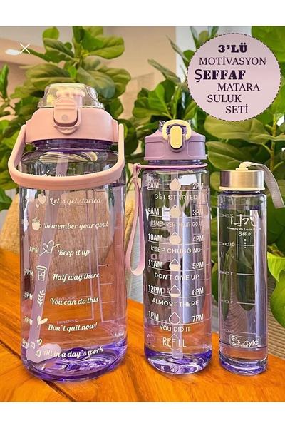 3 lü Şeffaf Motivasyon Kokusuz Su Matarası