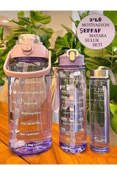 3 lü Şeffaf Motivasyon Kokusuz Su Matarası