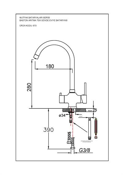 Mutfak Bataryaları Serisi Baston Arıtma Tek Gövde Eviye Bataryası