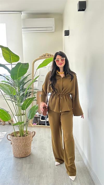 2 Lİ TAKIMKadın Bel Bağlamalı Tensel Kumaş Gömlek Pantolon Alt Üst Premium Takım