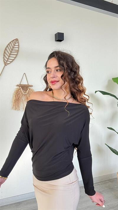 BODYKadın Kayık Yaka Düşük Omuz Yarasa Kol Likralı Rahat Şık Body 